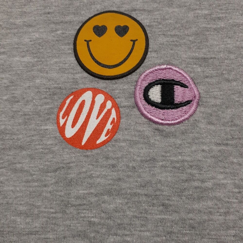 Champion Women Sz 2XL Gray Embroidered Patch Smiley Love Cropped T Shirt Y2K - Picture 5 of 9